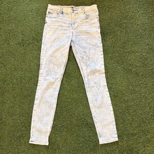 Express Womens Straight Leg High Rise Acid Wash Blue White Jeans 8